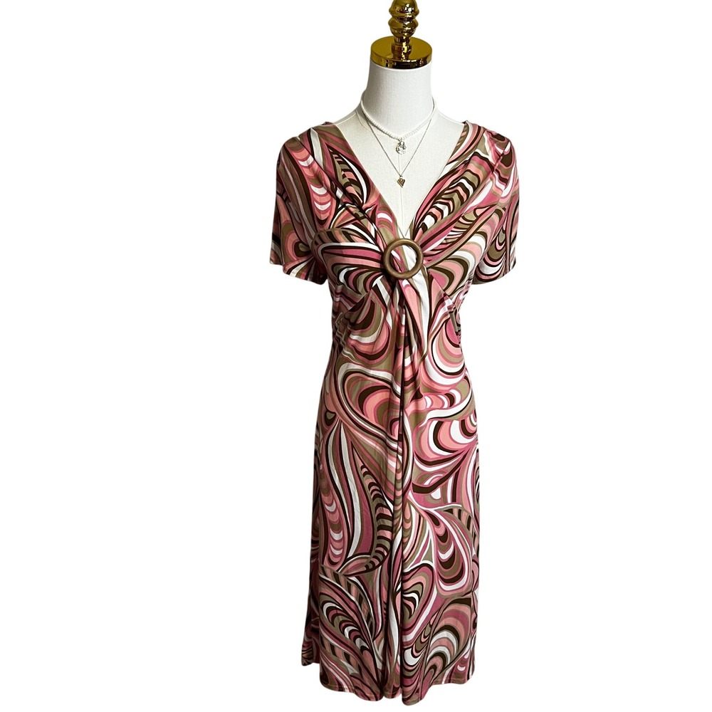 SL Fashions Pink Brown Swirl Print V-Neck Midi Dress with Wood Ring Size 18